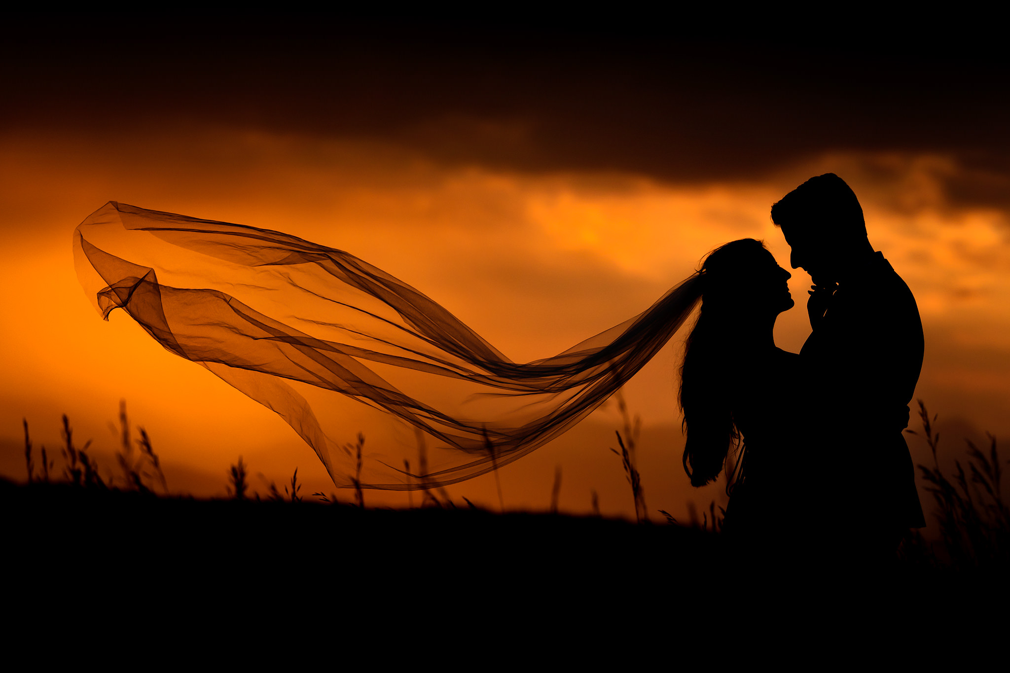 bride and groom at dusk about to kiss with the bride's veil flowing behind her by calgary wedding photography sean leblanc