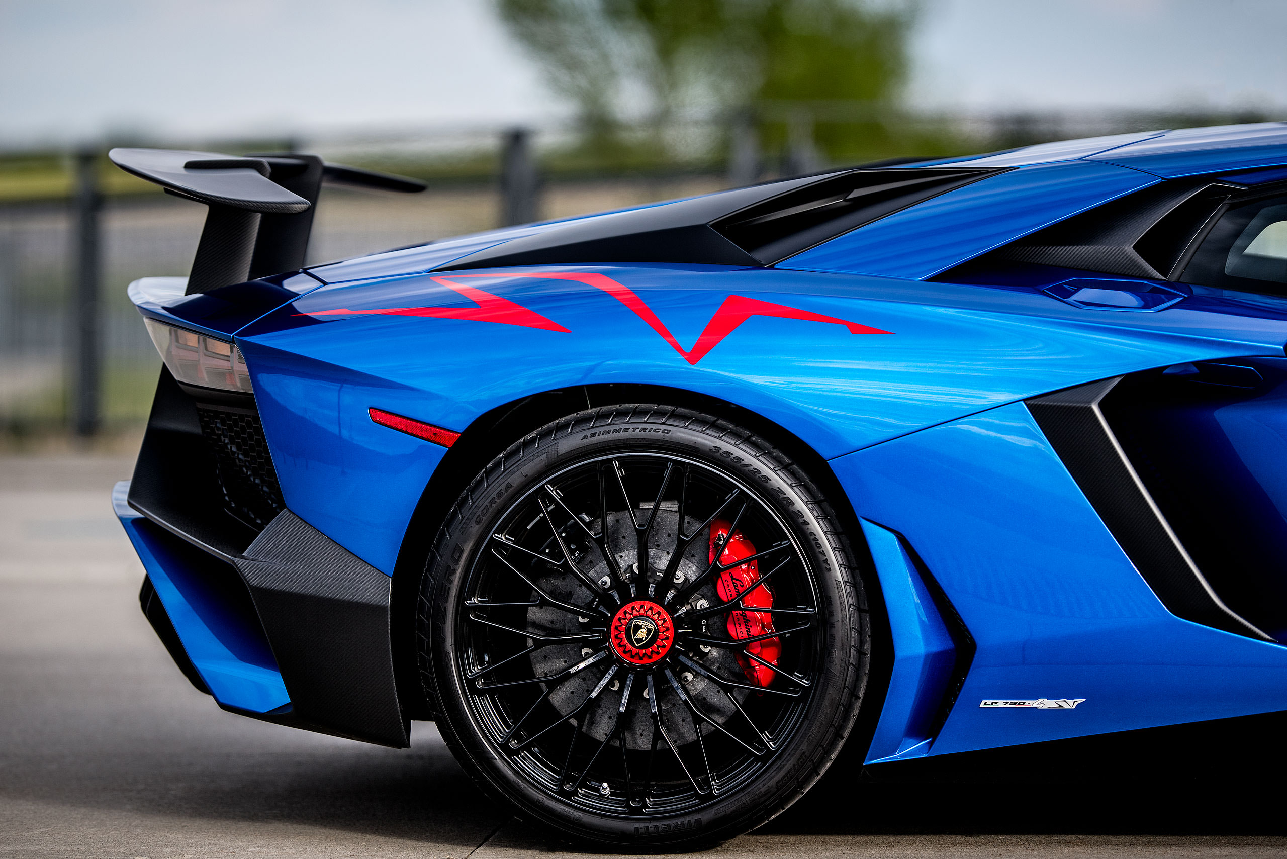 metallic blue Lamborghini aventador with the doors open parked on a road