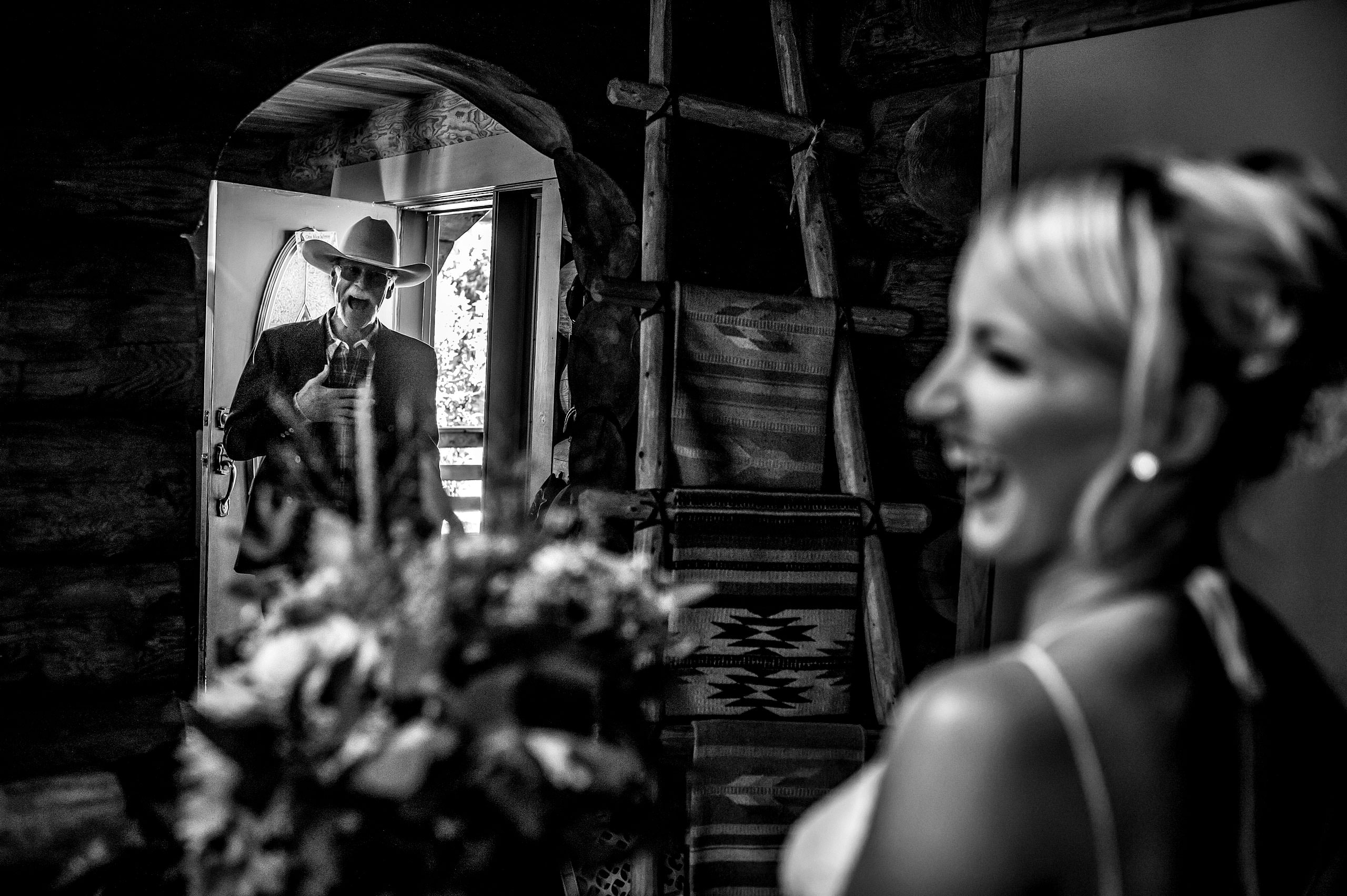 dad seeing his daughter for the first time on her wedding day at Cochrane Country Wedding by Sean LeBlanc