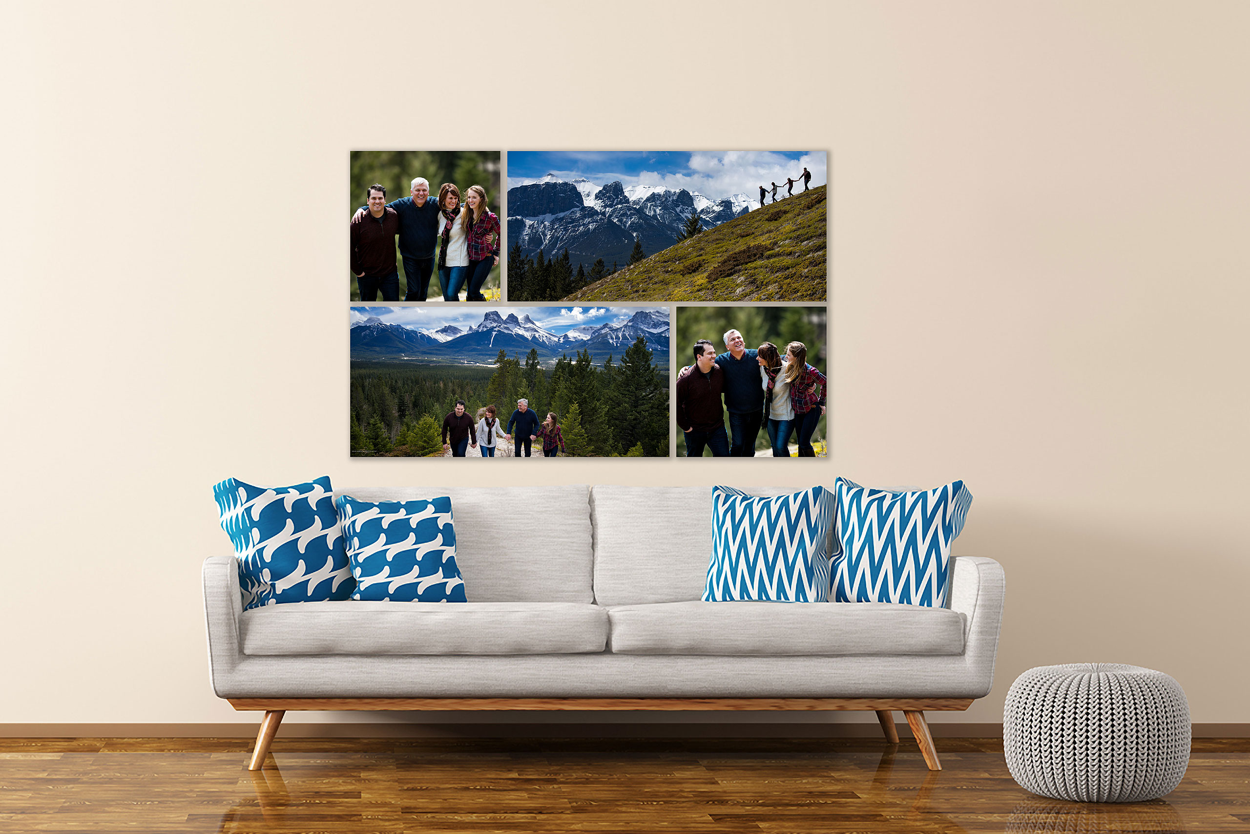 large wall art collection of a family in the mountains hung above a couch by top calgary portrait photographer sean leblanc