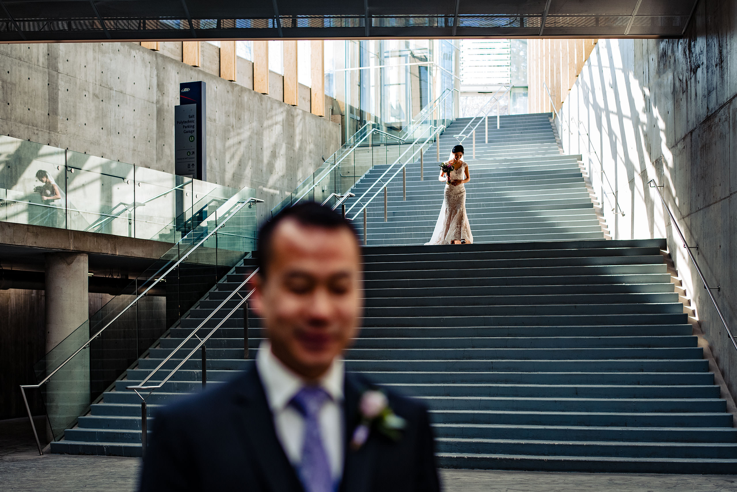 a first look at SAIT campus for their calgary lake house wedding by calgary wedding photographer sean leblanc photography