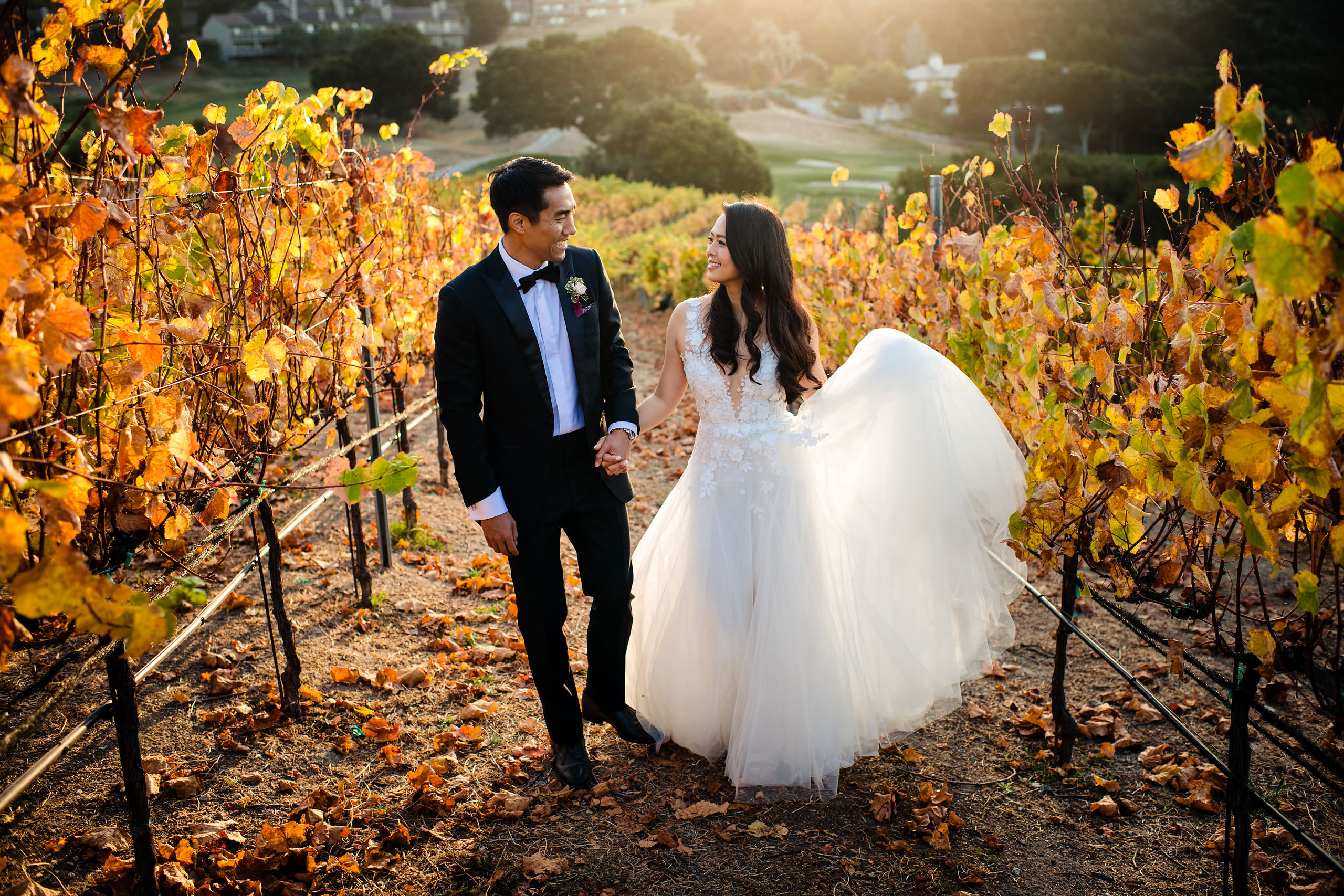 Bride and groom walking through a vinyard by Carmel Valley Ranch Wedding Photographer Sean LeBlanc