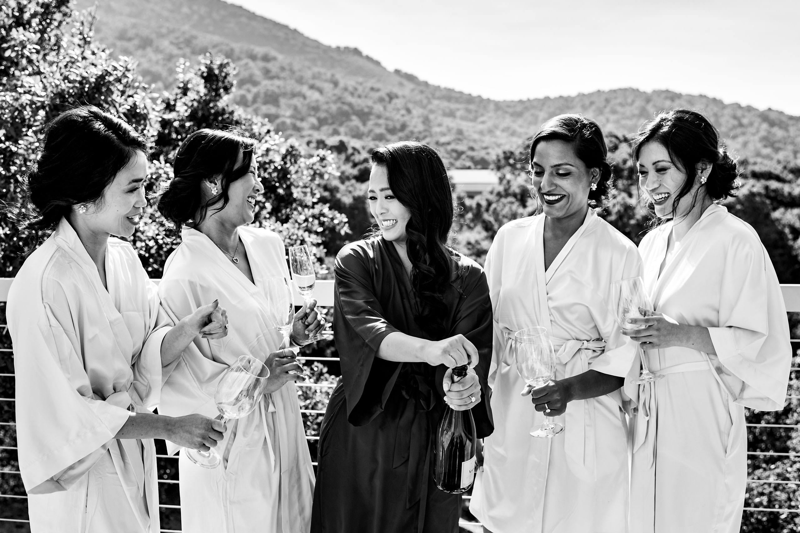 Bridemaids drinking champagne by Carmel Valley Ranch Wedding Photographer Sean LeBlanc