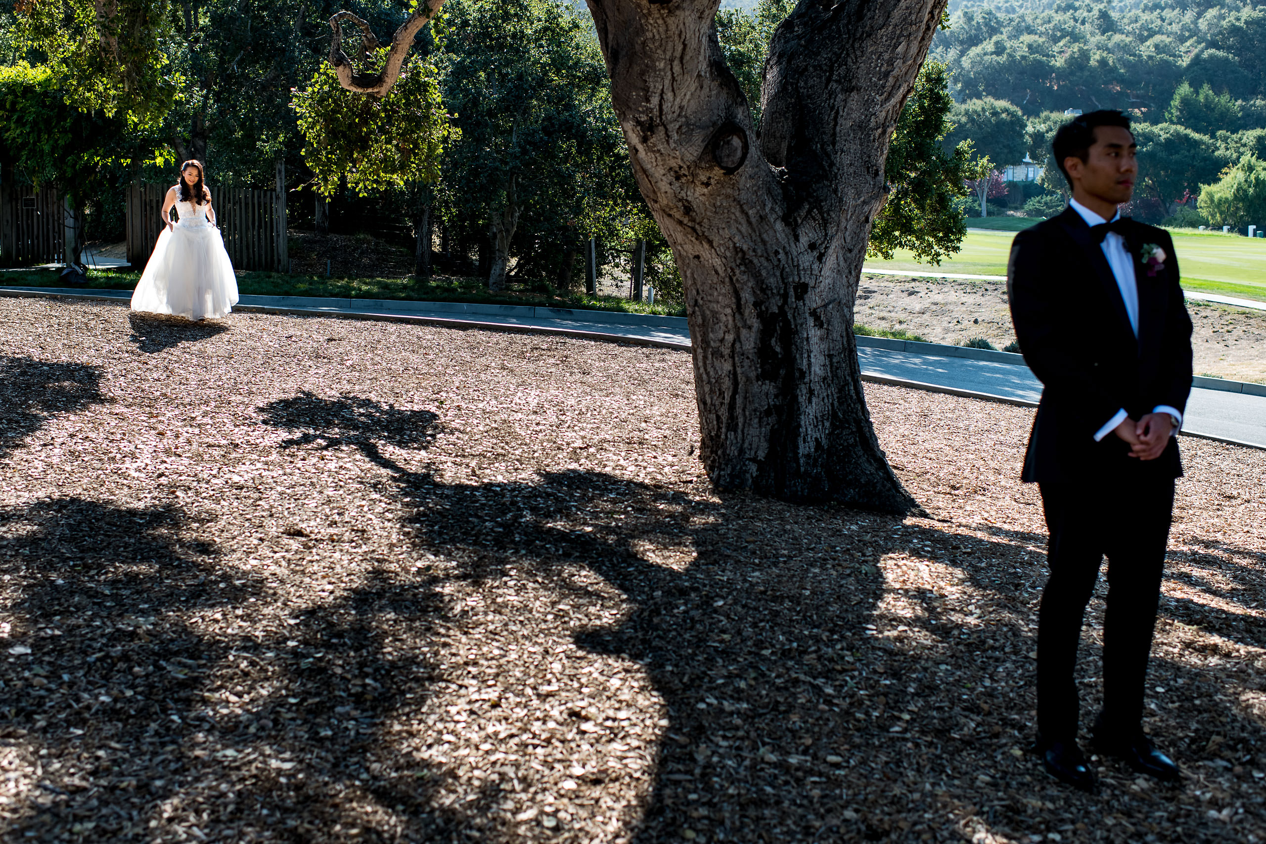 First look by a swing by Carmel Valley Ranch Wedding Photographer Sean LeBlanc